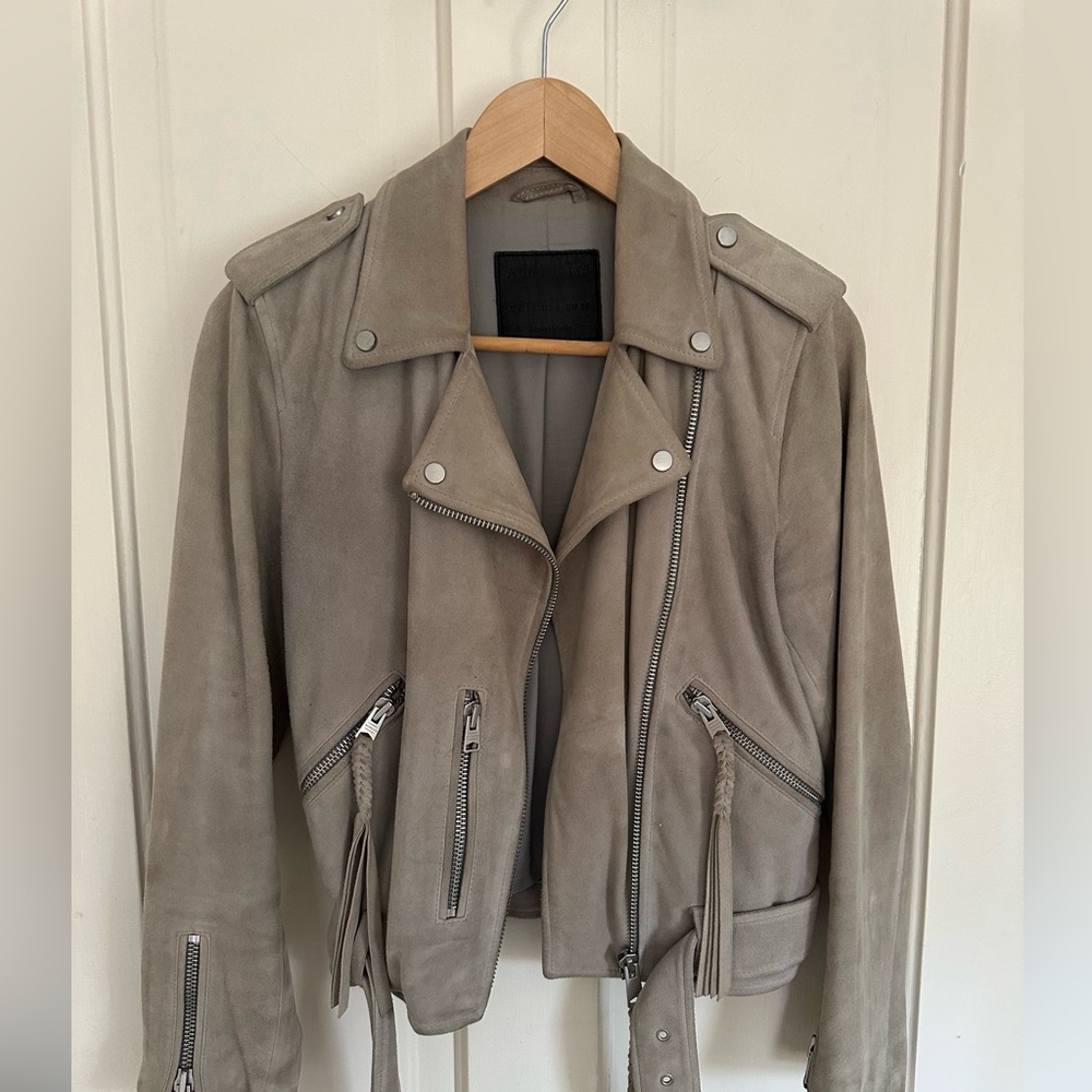 All Saints Gray Suede Moto Jacket